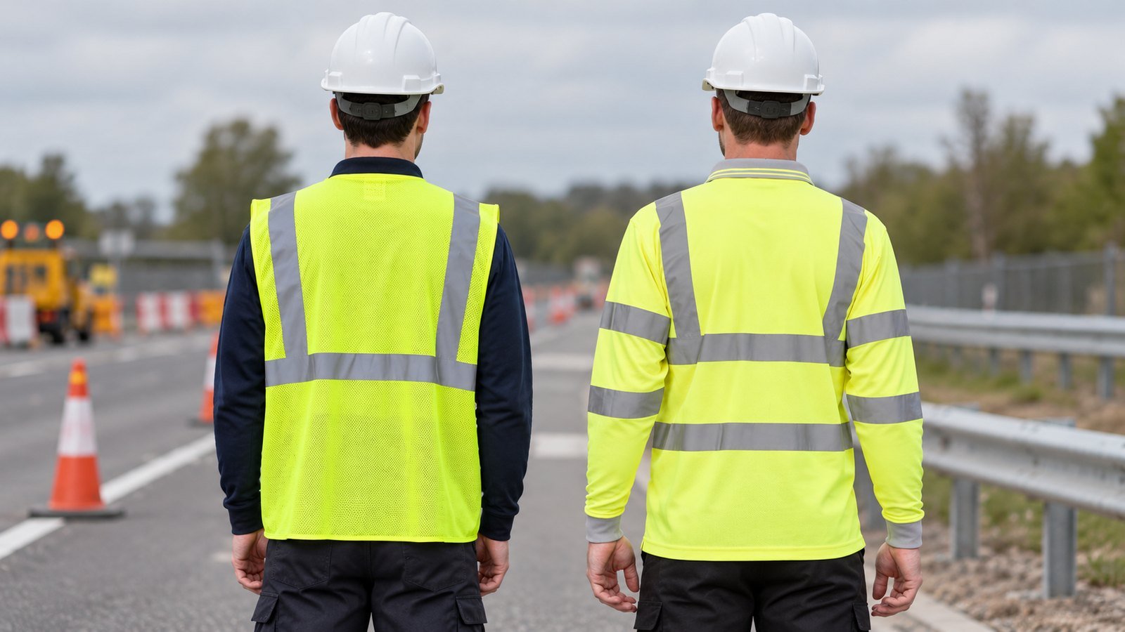 Back view of workers in a sleeveless hi vis vest and a long-sleeved shirt with reflective arm bands