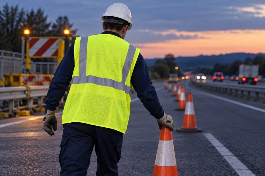 Worker in a sleeveless lime hi vis vest placing a traffic cone in a closed roadwork area at dusk