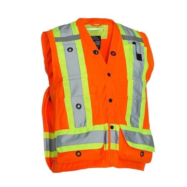 Custom orange surveyor hi vis vest with multiple pockets