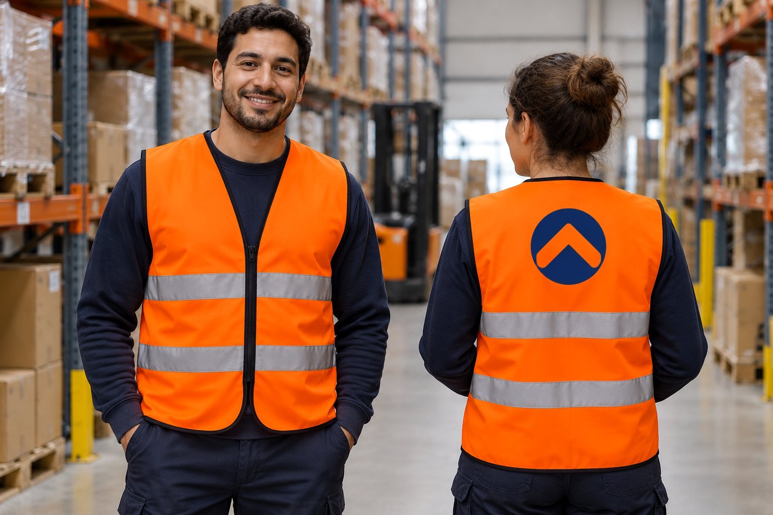 Warehouse team in orange custom hi vis vests with a back logo