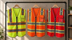 Yellow-green, orange and red reflective mesh vests hanging side by side in a workwear sample room