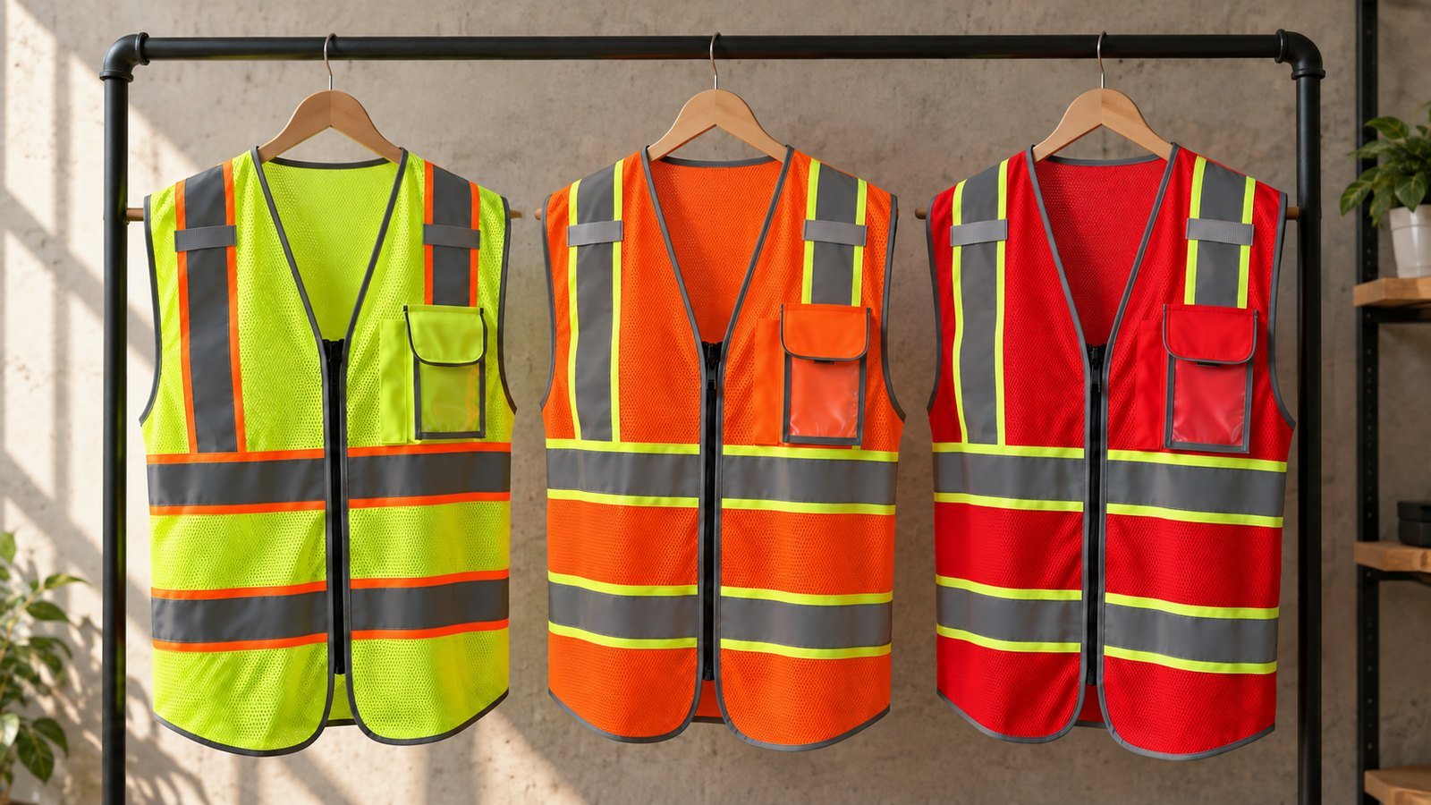 Yellow-green, orange and red reflective mesh vests hanging side by side in a workwear sample room