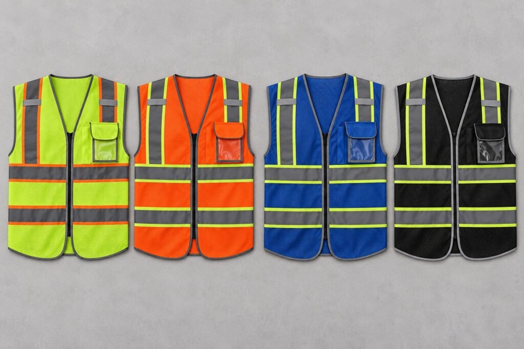 Yellow-green and orange mesh vests beside blue and black vests on a gray inspection table