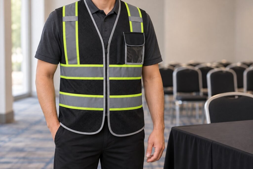 Event steward wearing a black mesh vest with lime trim and reflective bands beside a check-in table