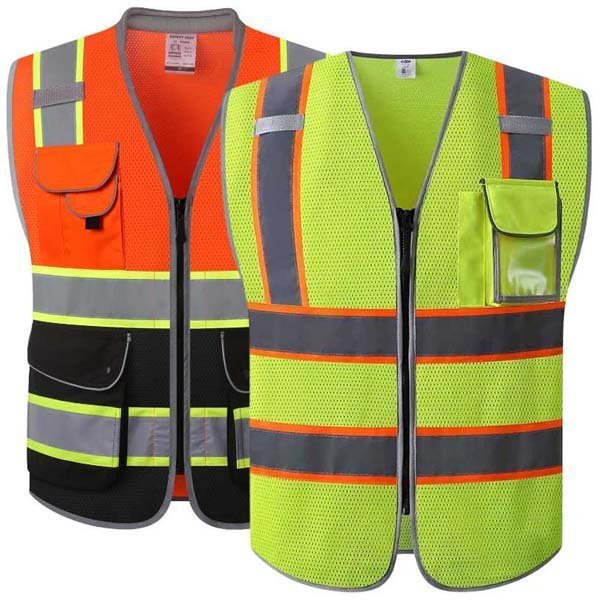 Custom mesh hi vis vests with pockets and black bottom