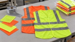 Hi-vis vests with fabric samples, reflective tape and individually packed vests on a factory sampling table