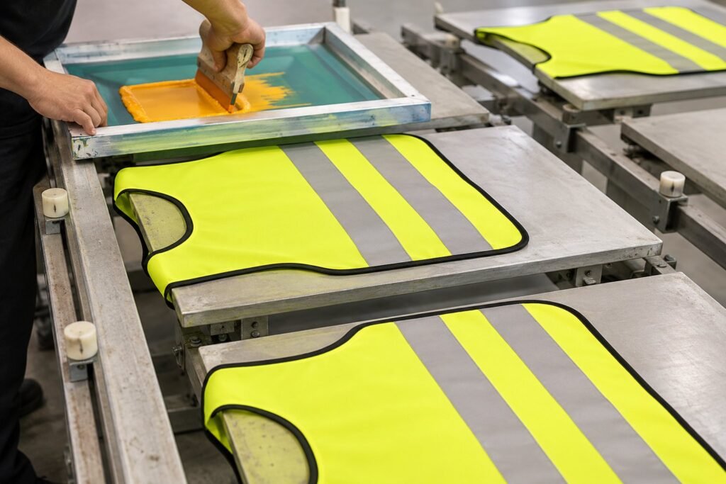 Screen-printing setup with a squeegee and blank hi-vis vests arranged on factory printing platens