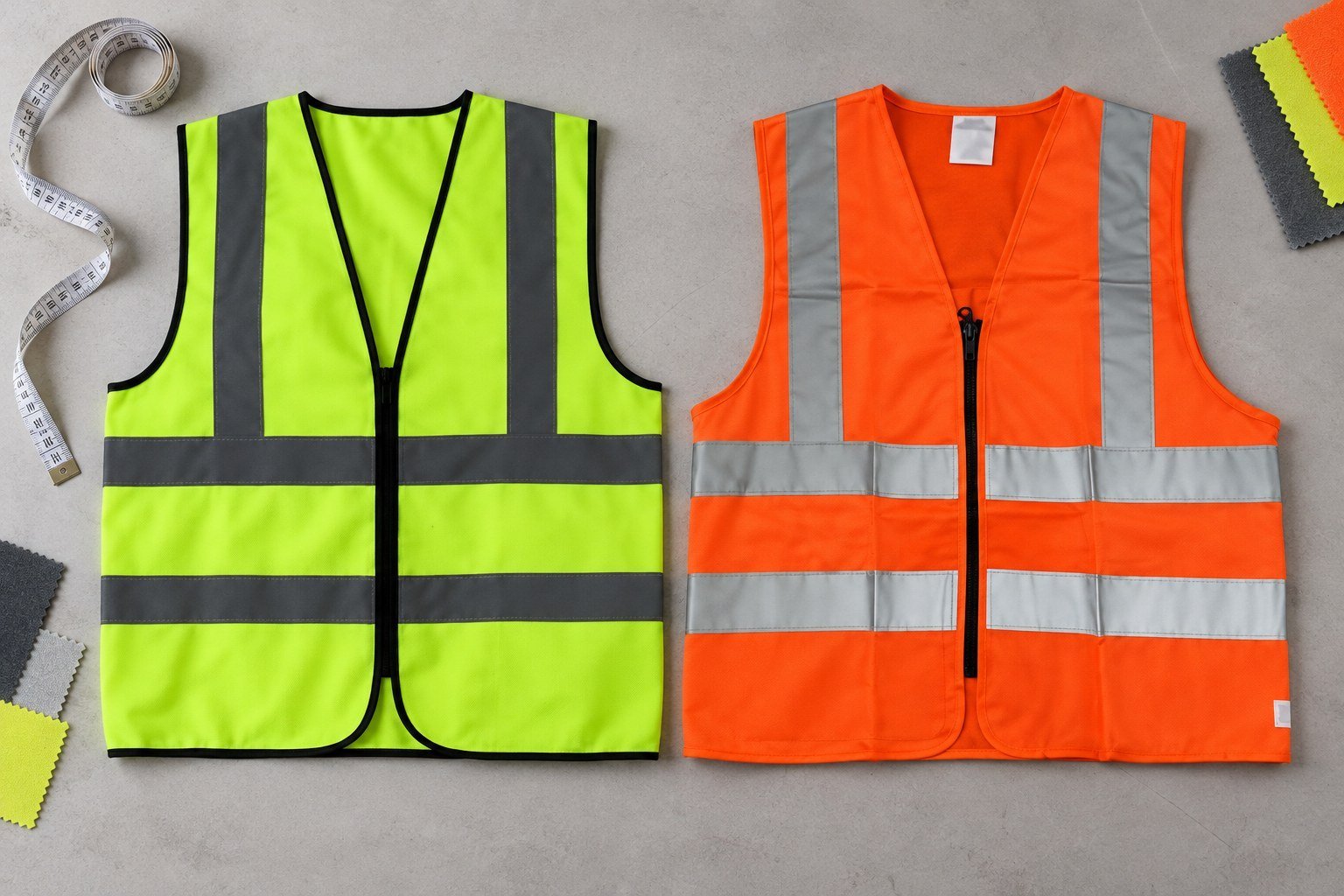 Custom hi vis vest samples laid out for approval