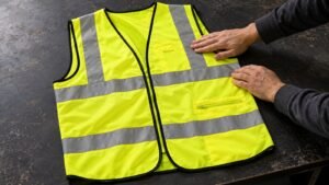 Hands inspecting a yellow hi-vis vest with blank print areas and intact reflective bands on a worktable