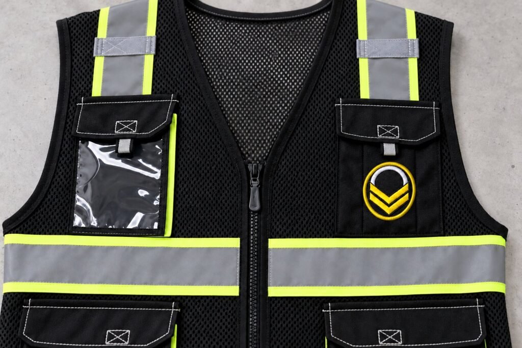 Embroidered logo patch on a black safety vest with hi vis trim