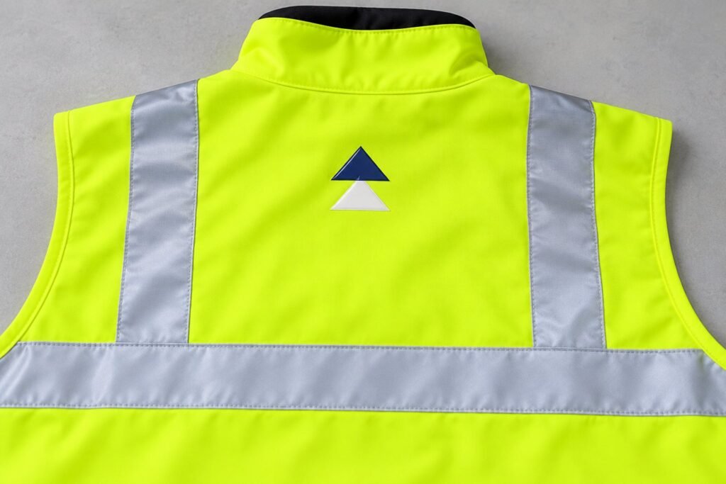 Two-colour heat transfer logo on the back of a custom hi vis vest