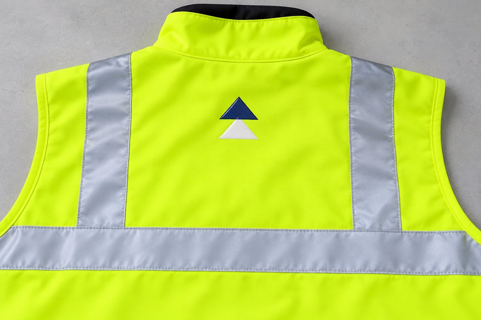 Two-colour heat transfer logo on the back of a custom hi vis vest