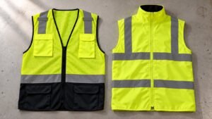 Mesh and solid yellow hi-vis vests side by side on a workbench, showing contrasting fabric textures