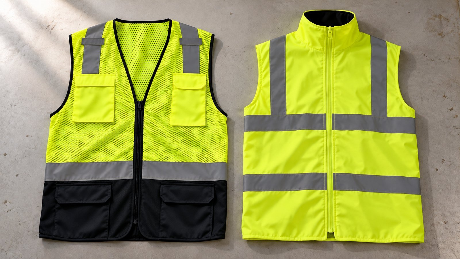 Mesh and solid yellow hi-vis vests side by side on a workbench, showing contrasting fabric textures