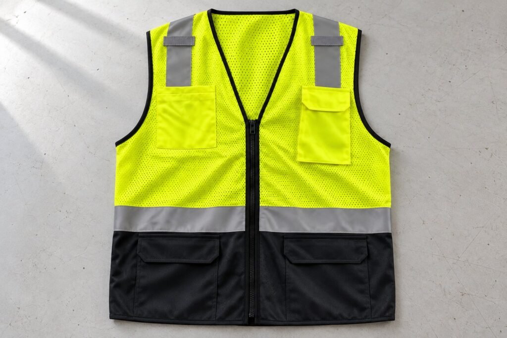 Yellow mesh hi-vis vest with solid chest pockets and a black lower panel laid on a workbench