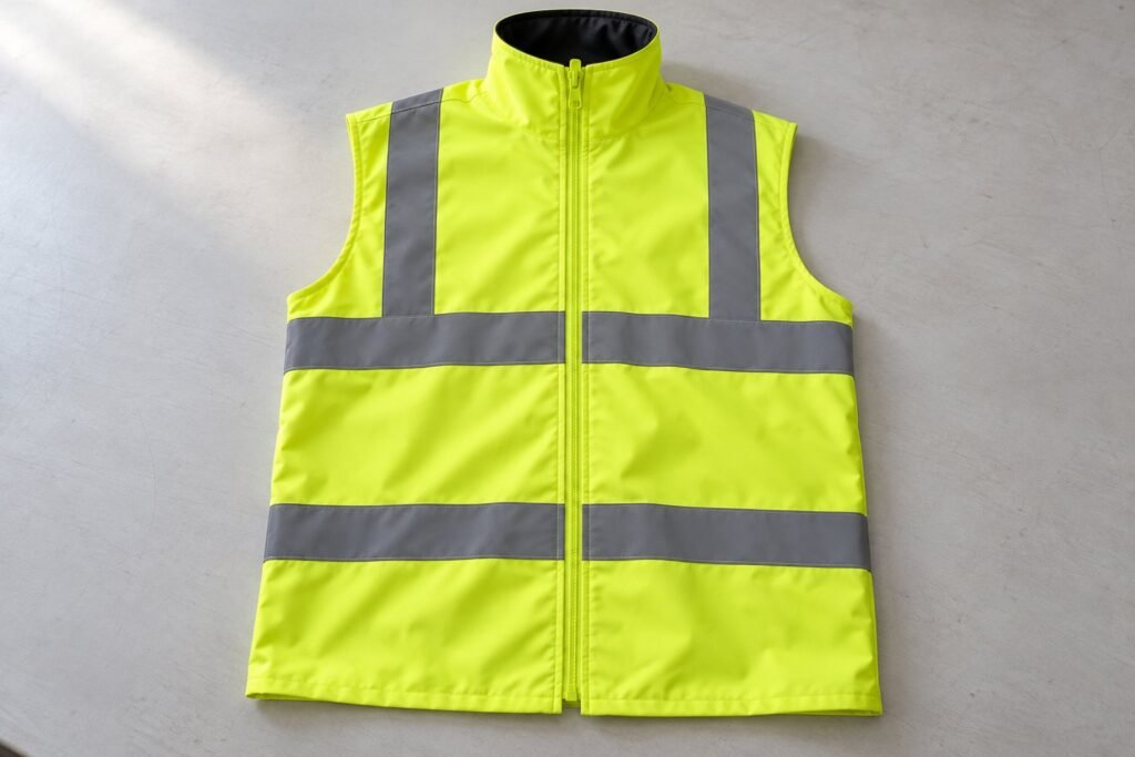 Solid yellow hi-vis vest with a stand collar, front zipper and silver reflective bands on a workbench