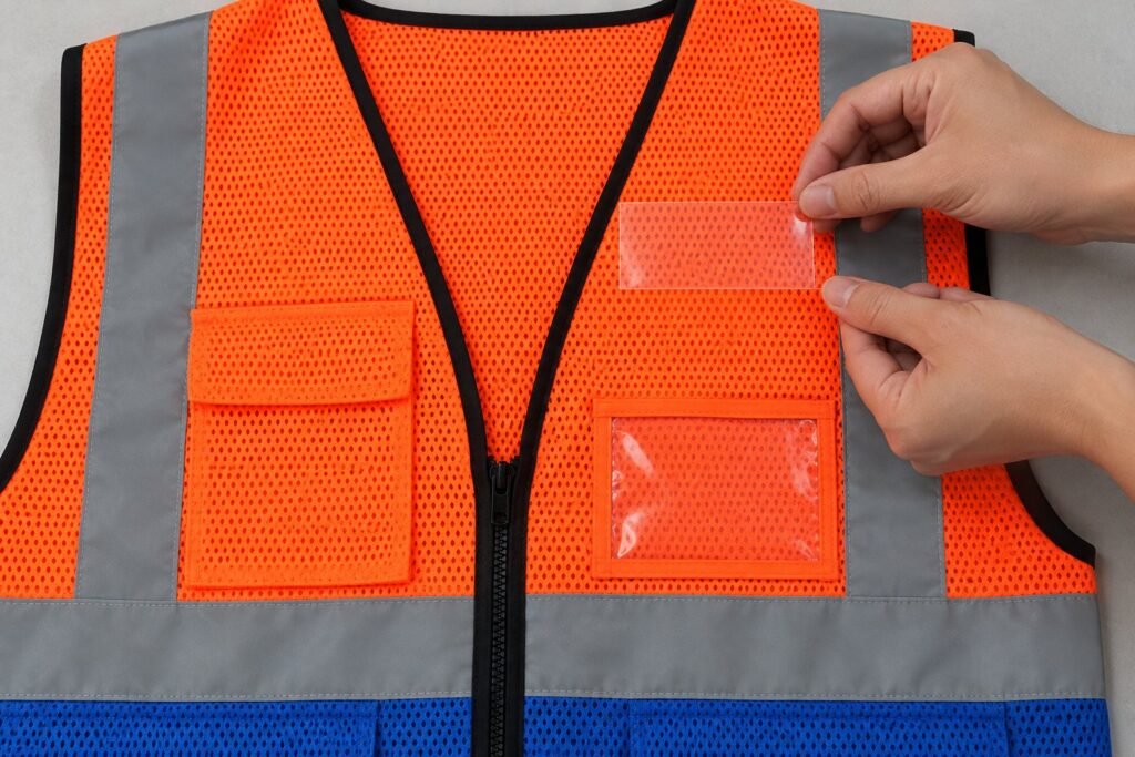 Worker checking a blank transfer film over a vest ID pocket, positioned clear of reflective tape
