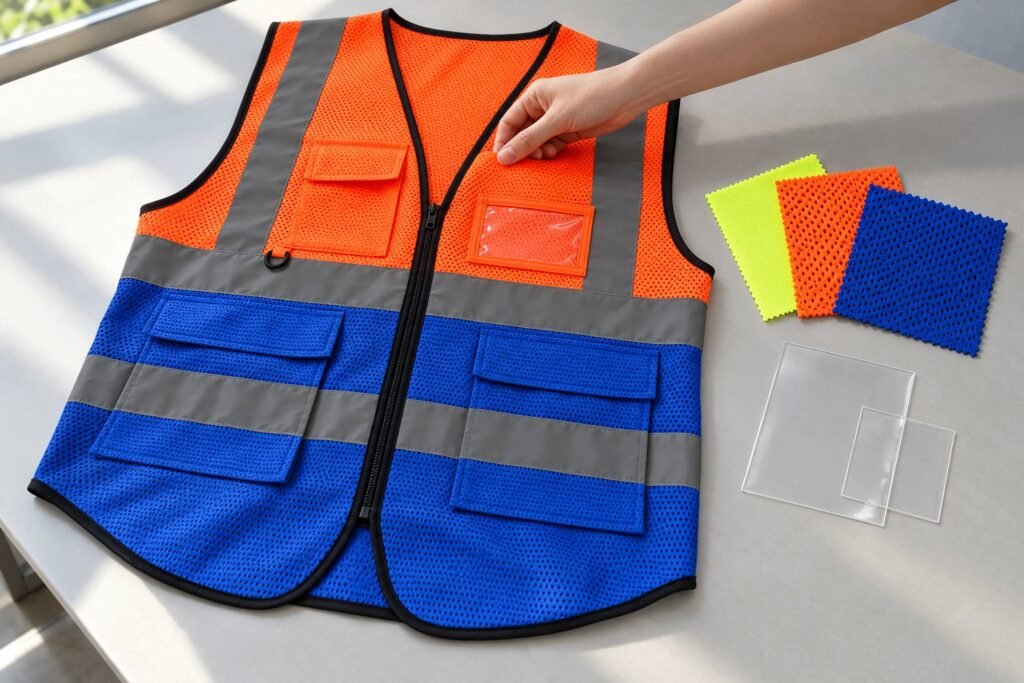 Safety vest sample inspected beside fabric swatches and blank transfer films before ordering