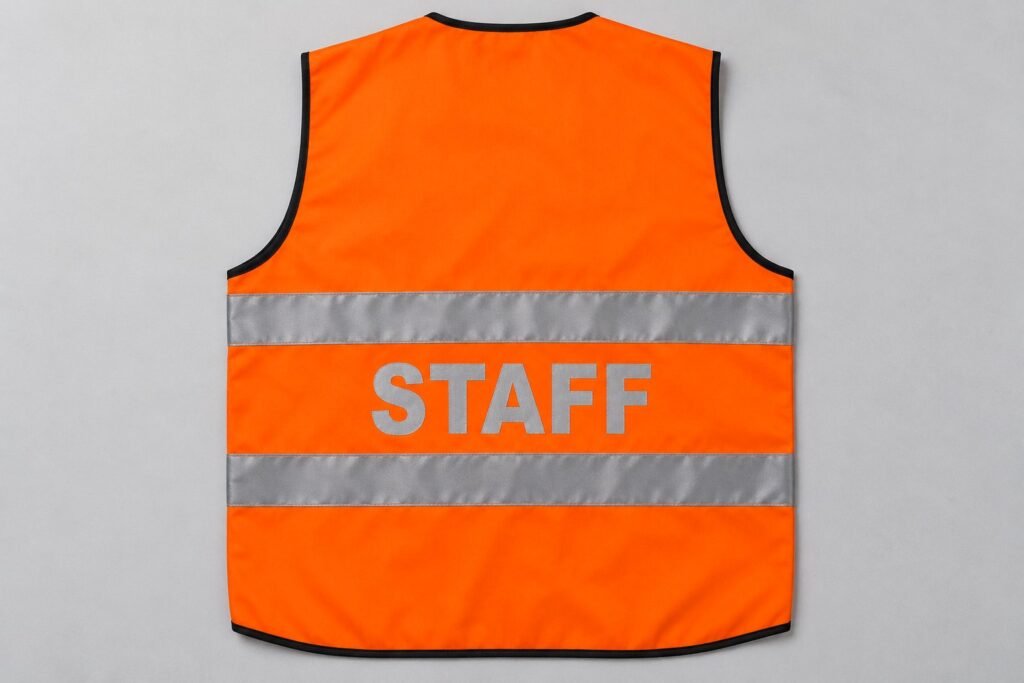 Reflective STAFF lettering on the back of an orange hi vis vest