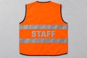 Reflective STAFF lettering on the back of an orange hi vis vest
