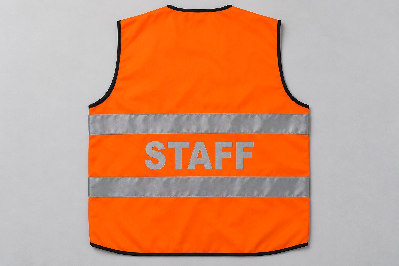 Reflective STAFF lettering on the back of an orange hi vis vest