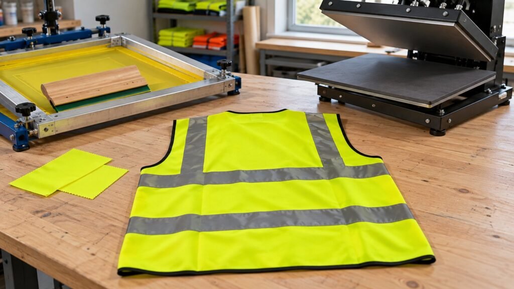 Hi-vis vest on a bench with a screen-printing frame and open heat press for custom printing