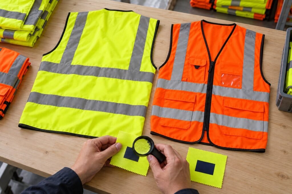Hands inspecting print-test swatches beside yellow and orange hi-vis vest samples