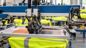 Screen-printing press above a fluorescent yellow mesh safety vest with silver reflective bands