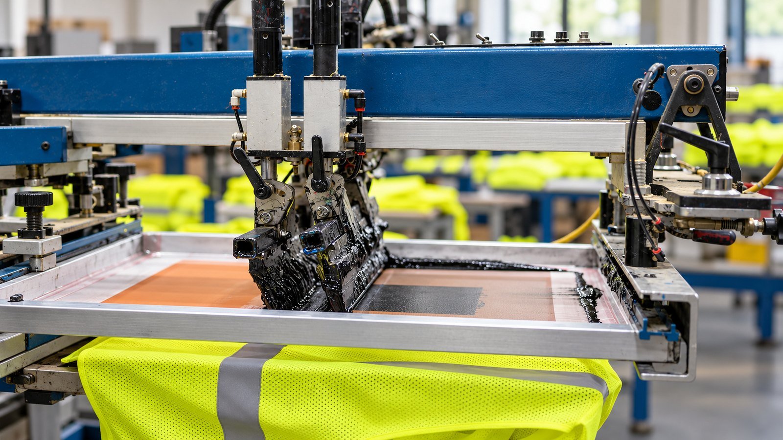 Screen-printing press above a fluorescent yellow mesh safety vest with silver reflective bands