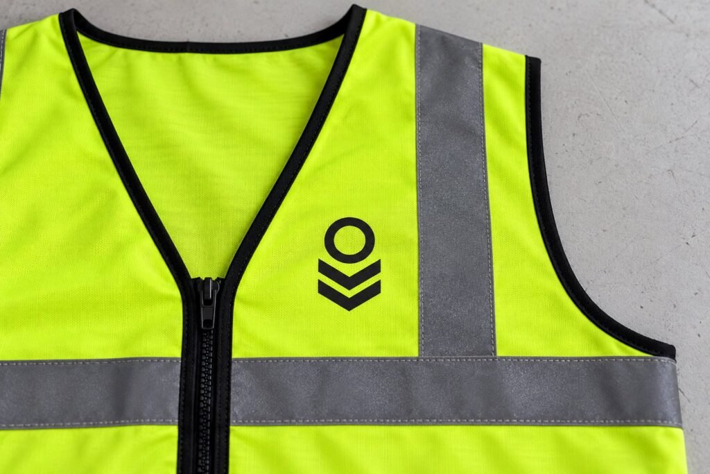 Screen printed logo on the chest of a custom hi vis vest