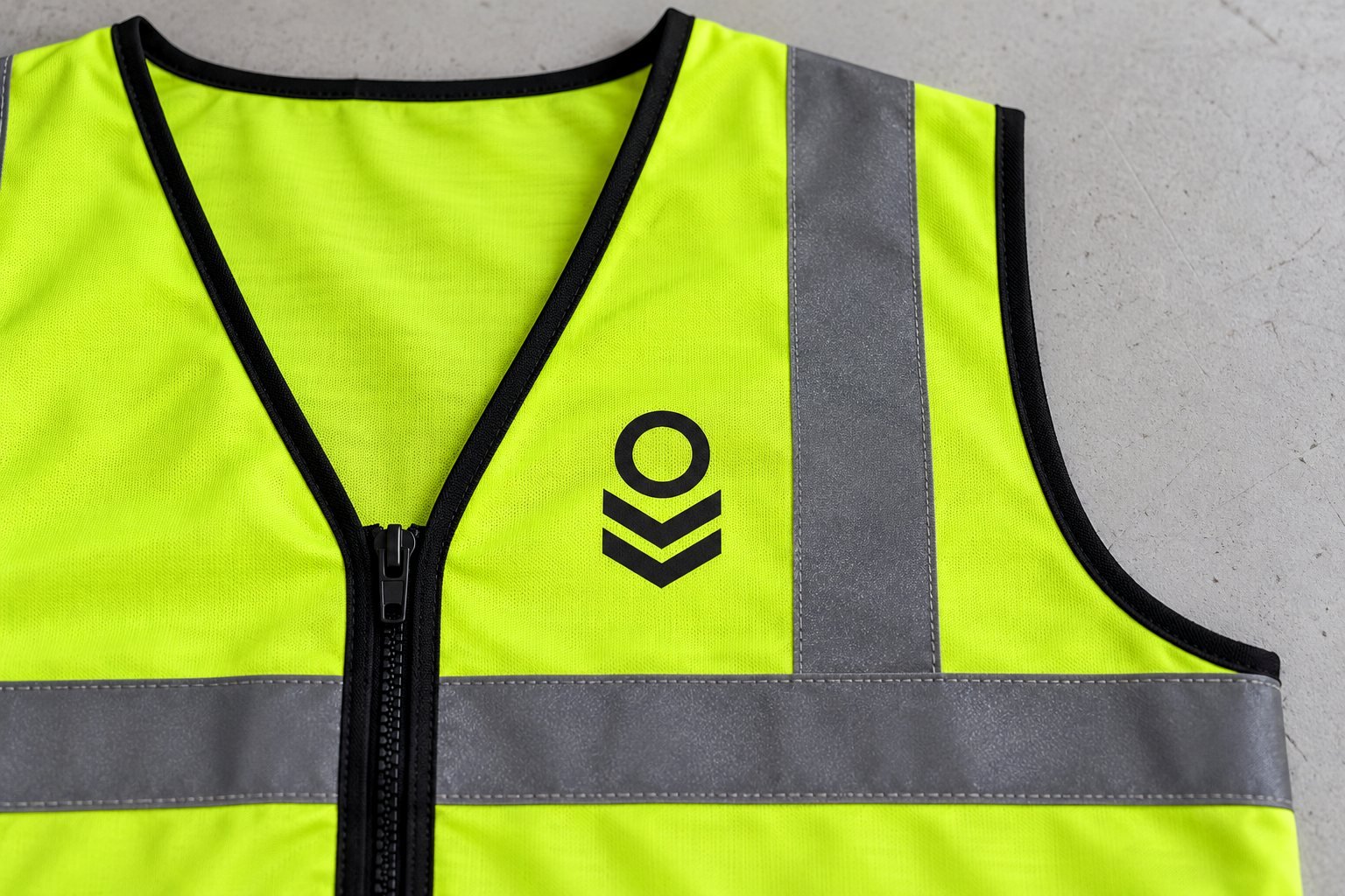 Screen printed logo on the chest of a custom hi vis vest